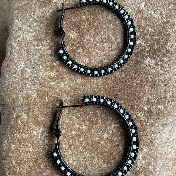Black and White 1 1/4” Beaded Hoops, New, Handmade by Me - Picture 4 of 8
